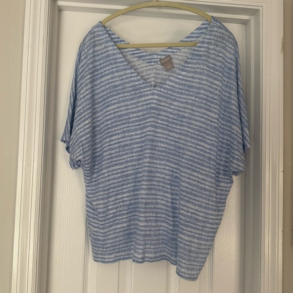 Chico's Blue White Striped 100% Linen V-Neck Short Sleeve Top Women's Size 4 XXL - Picture 1 of 4
